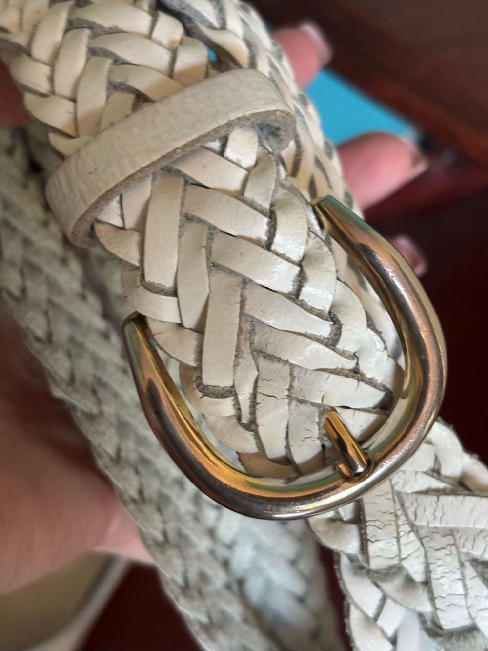 Woven White Leather Belt with Gold-Tone Buckle Size - Picture 4 of 4